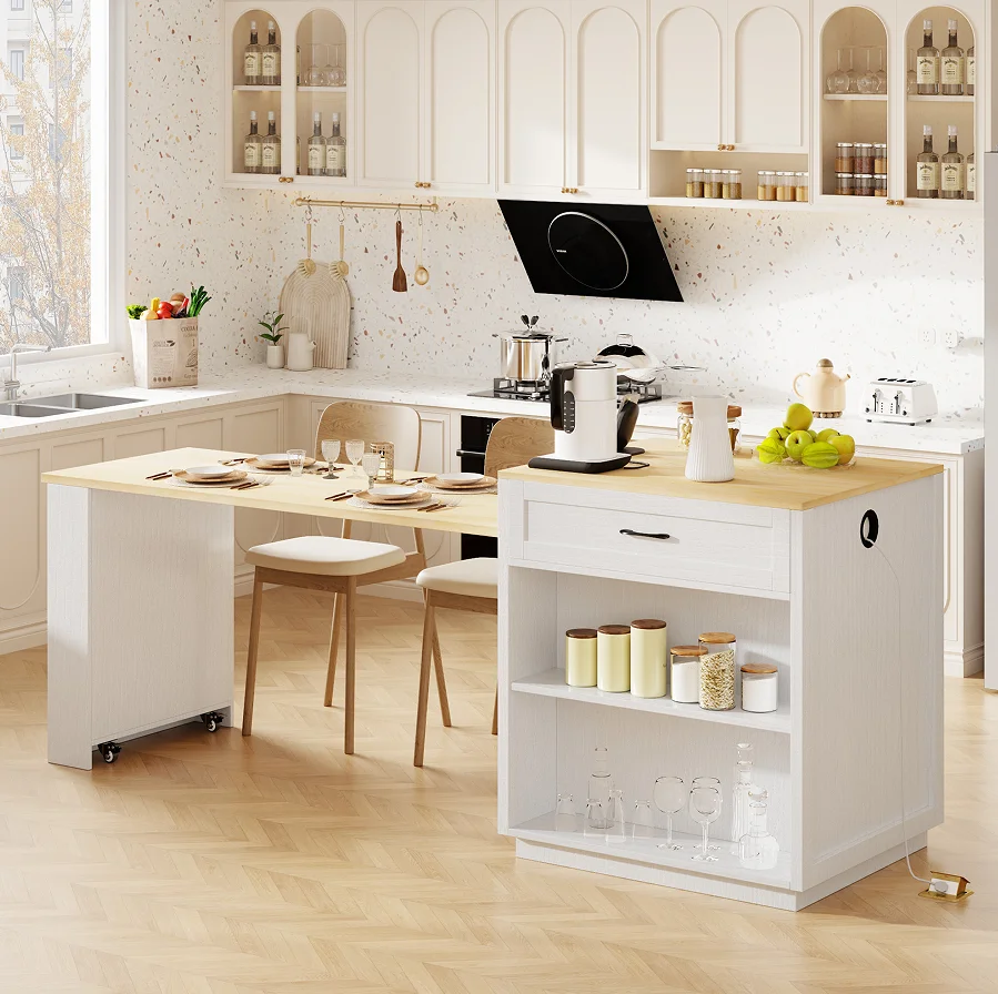#Kitchen Island Extendable Solid Wood Dining Table Double-sided Storage 2 Drawers Power Outlet Side