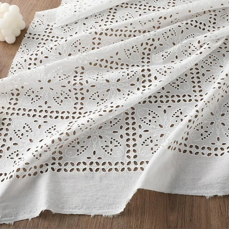 Pure White Cotton Lace Fabric Breathable Soft Spring Summer Shirt Dress DIY Curtain Tablecloth Door Curtains Lightweight Fabric