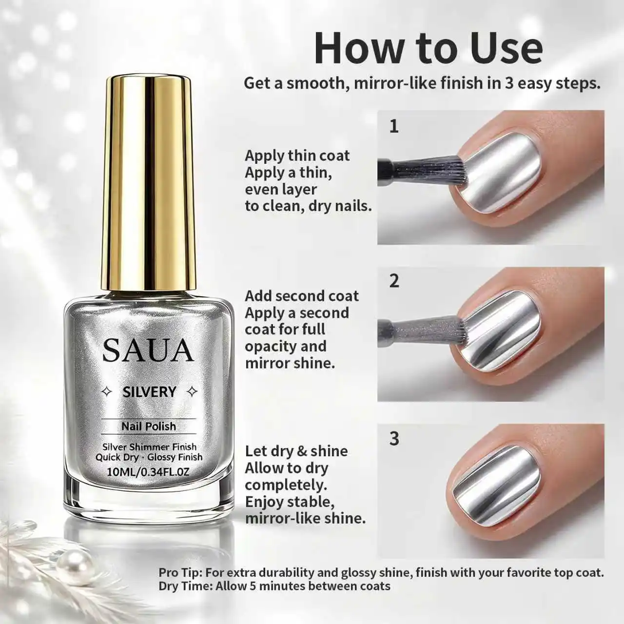 Silberner Metallic-Nagellack – schnelltrocknend, keine UV-Lampe erforderlich, spiegelähnliches Finish; die perfekte Wahl für ein Weihnachtsgeschenk. – Detail 7