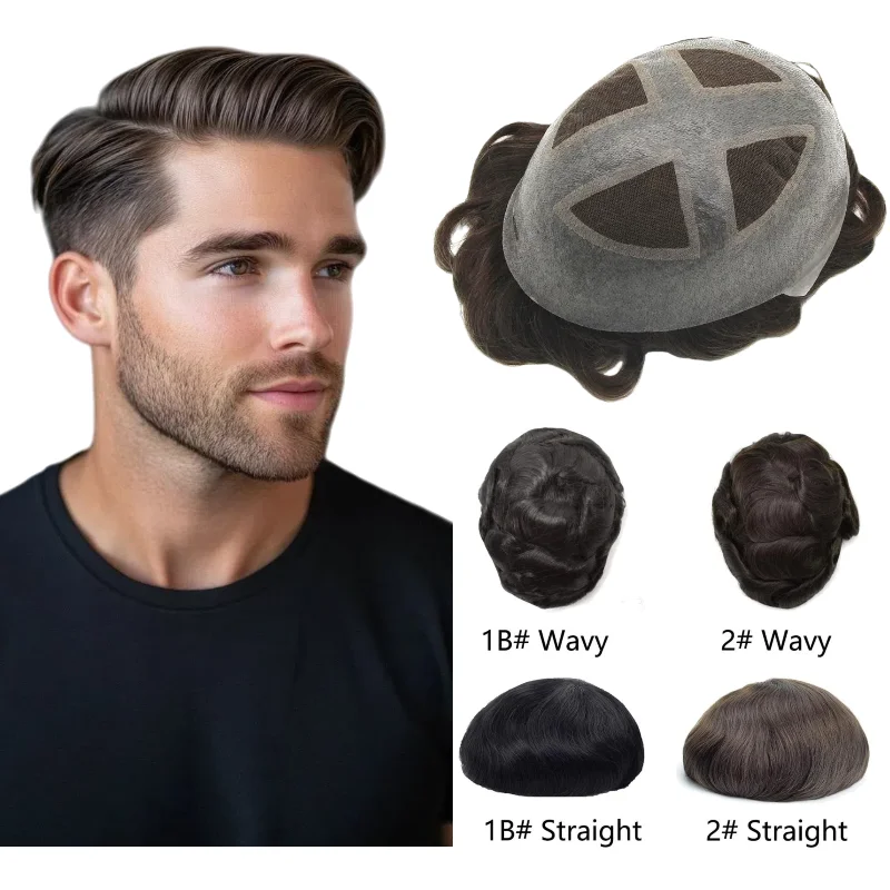 

Cross Over PU Hairpiece For Men | Lace+PU Toupee Human Hair,Color #1B #2 For Crown Bald Spot Coverage