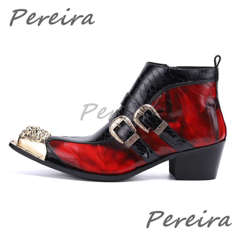 Trendy Red Patent Leather Chelsea Boots Double Belt Buckle Men's Ankle Booties Pointy Toe Side Zipper High Heel Party Prom Shoes