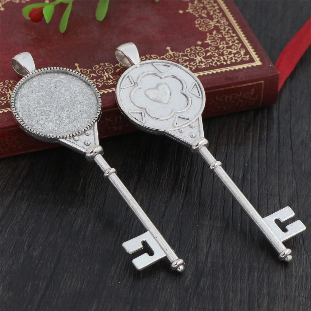 New Fashion 5pcs 25mm Inner Size Antique Silver Plated Bronze Black Heart Key Style Cabochon Base Setting Charms Pendant