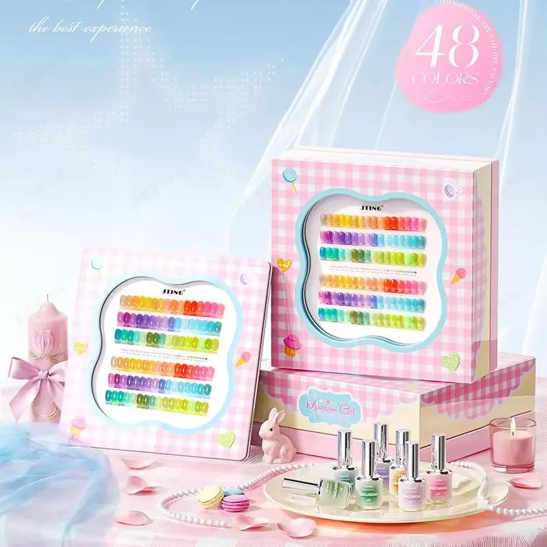 Jting 48 Color Translucent Macaron Color Gel Nail Polish Set With Display Card Varnish Jelly Clear Gel Nail Art LED&UV Syrup Gel