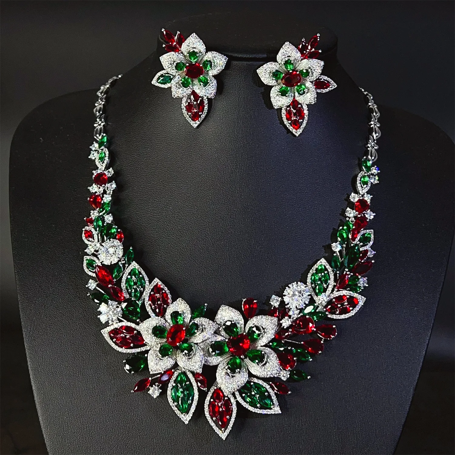 New Gorgeous Blue Flower Sparkle Necklace Earrings stereo Jewelry Women's Dress Decoration Wedding Holiday Ball Gift M-897