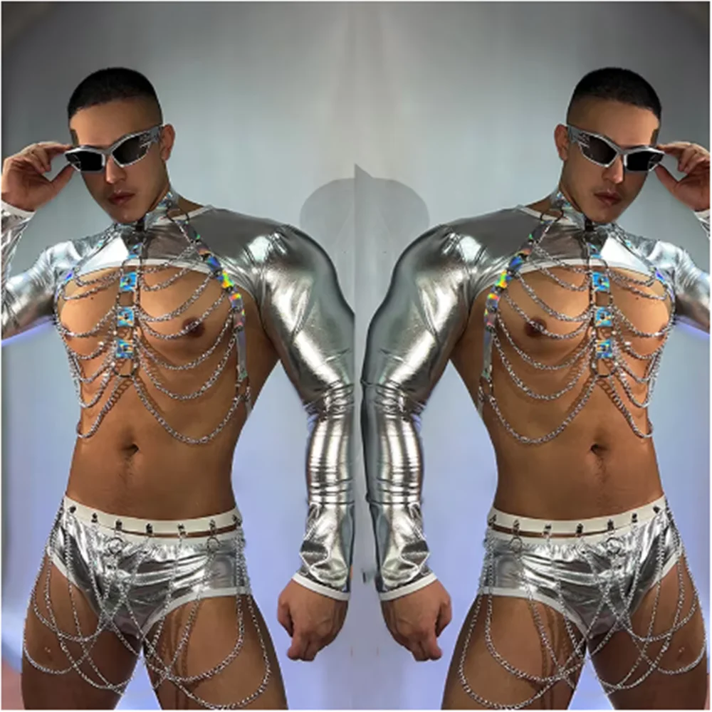 

Male Silver Pole Dance Costume Sexy Gogo Dance Clothes Muscle Man Chest Chain Nightclub Bar Club Performance Rave Outfit yj606