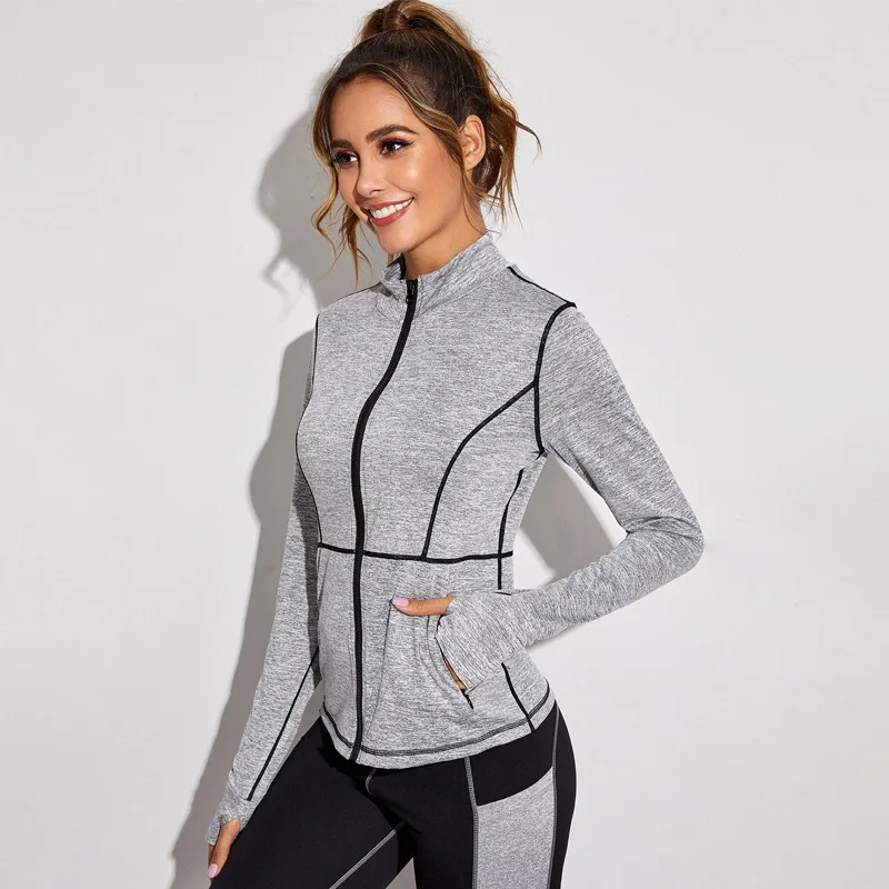 Slim Long Sleeved Sporty Women\'s Jacket Stand Collar Yoga Coat Zipper S-shaped Waist Sport Sweatshirt for Woman Windproof Tops