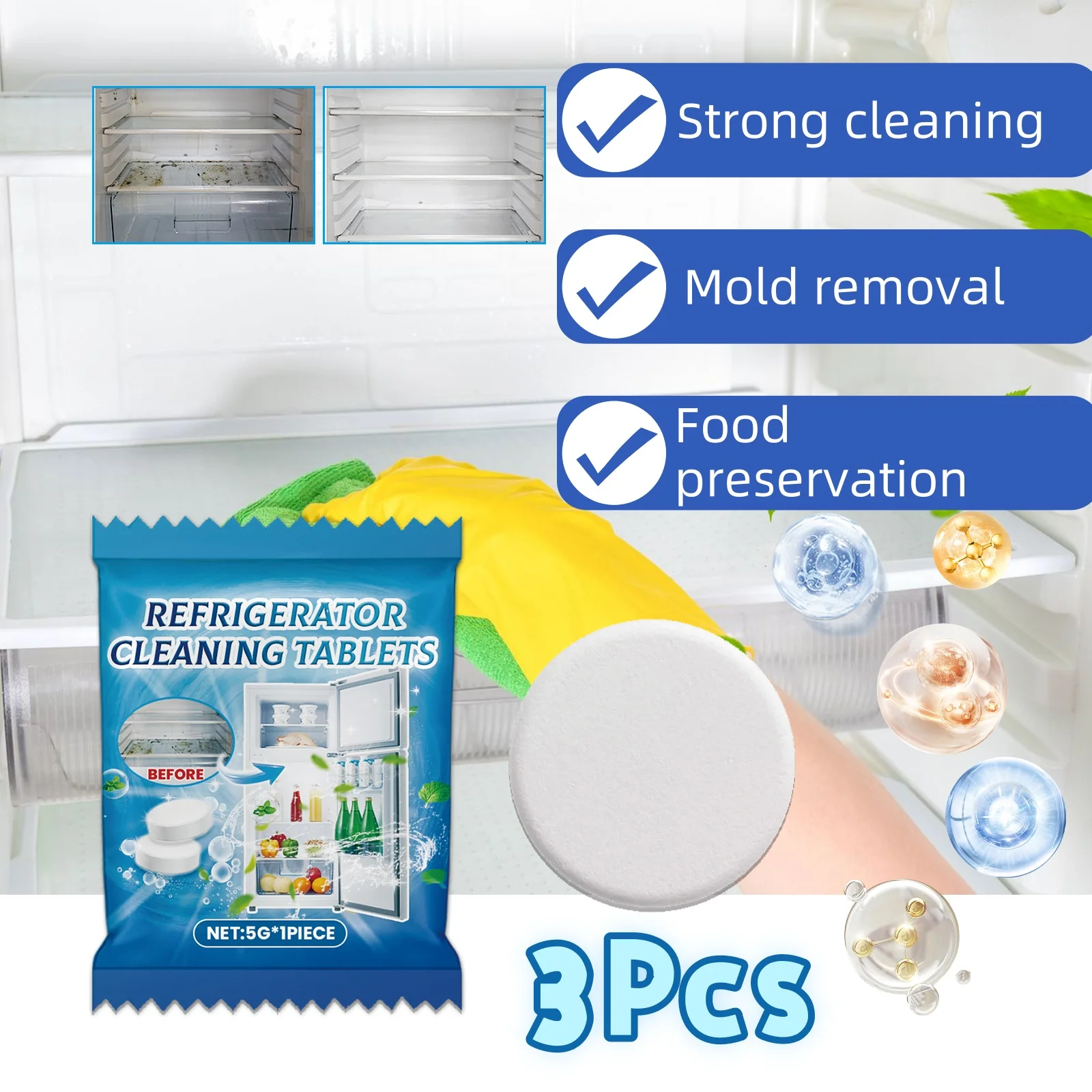 

3Pcs Refrigerator Deodorant Refrigerator Absorbent Oil Dirt Cleaner Refrigerator Air Purifier Kitchen Cleaning Tablets