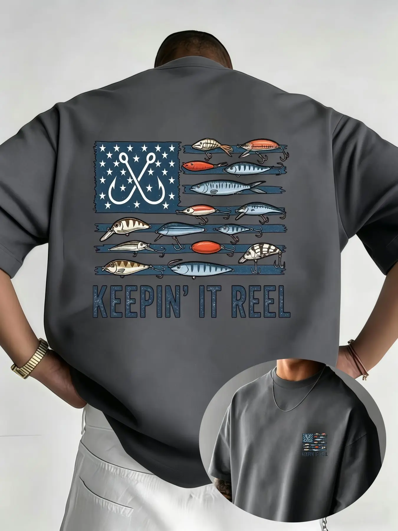 Men'S Short Sleeve T-Shirt Summer Trendy American Fishing Theme Print Top Keepin' It Reel Individual Fun Creative Fishing Rod Lure Bait Pattern Round Neck Loose Plus Size T-Shirt