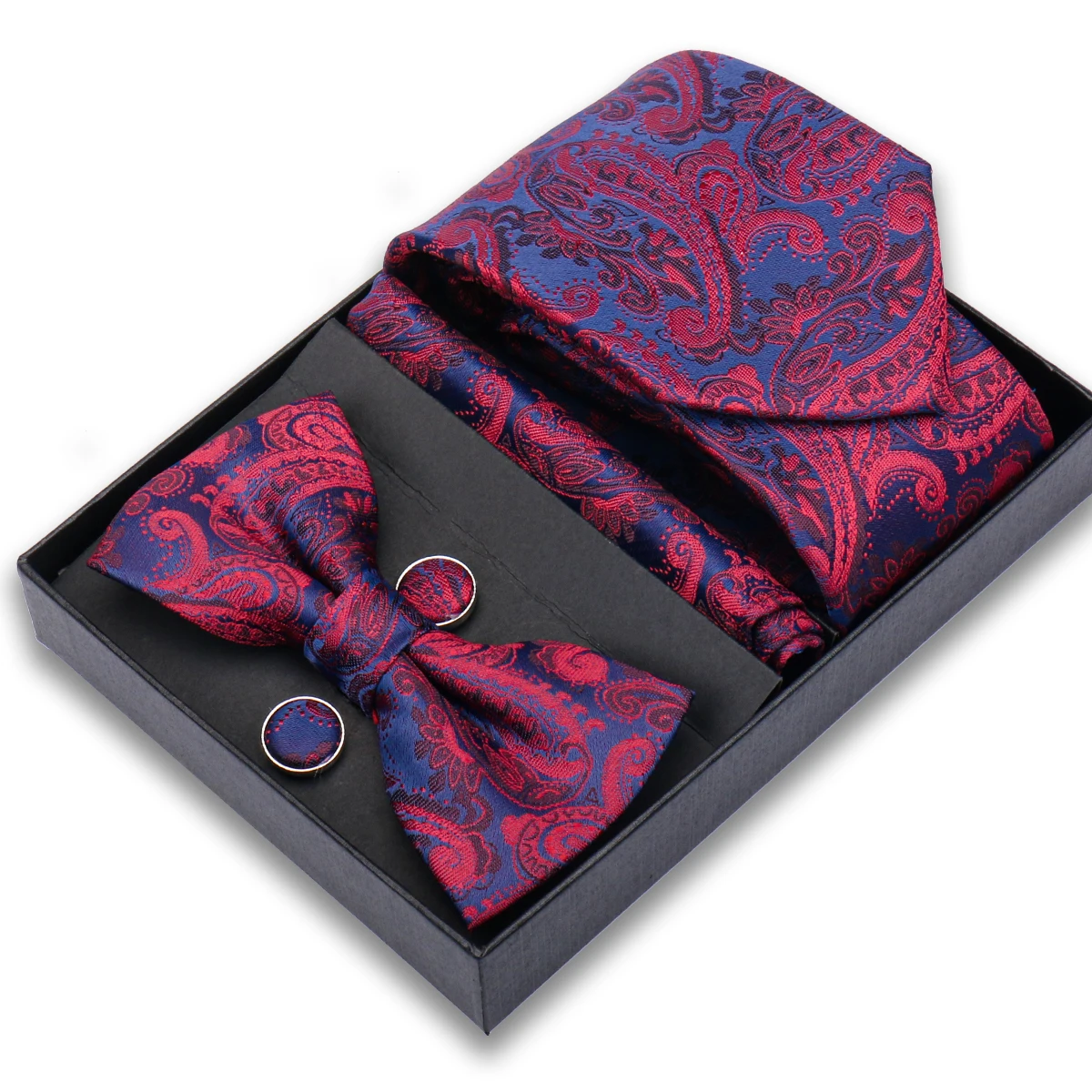 

Мужской набор галстуков с коробкой: галстук с узором пейсли, галстук в полоску, галстук-бабочка, платок для кармана, запонки, подарочный набор, аксессуары для делового костюма.