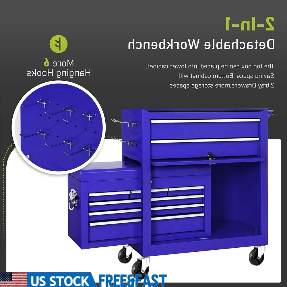 

2 in 1 Rolling Tool Chest Steel Cabinet 8 Drawer with Locking System Universal Wheels Garage Workshop Storage