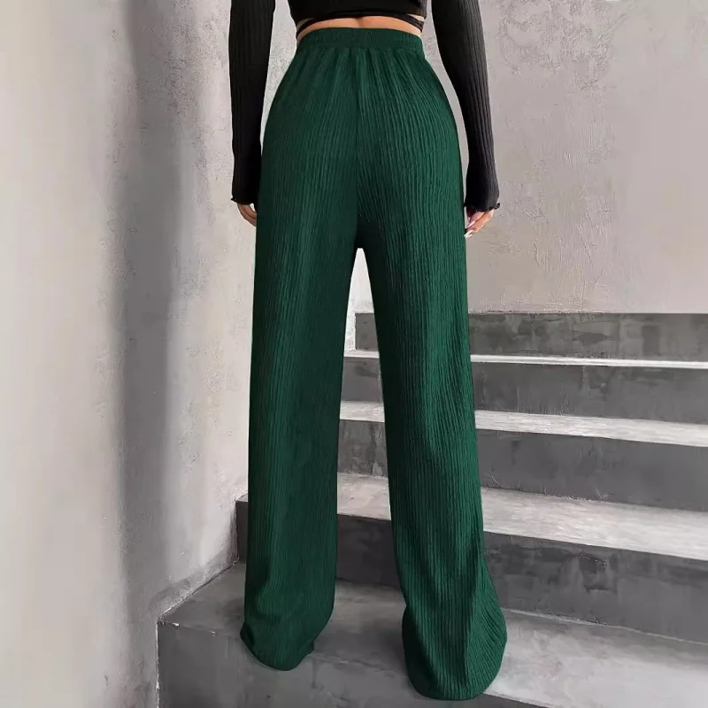 Printemps et automne femmes couleur unie élastique jambe large cordon drapé pantalons décontractés taille haute Sl