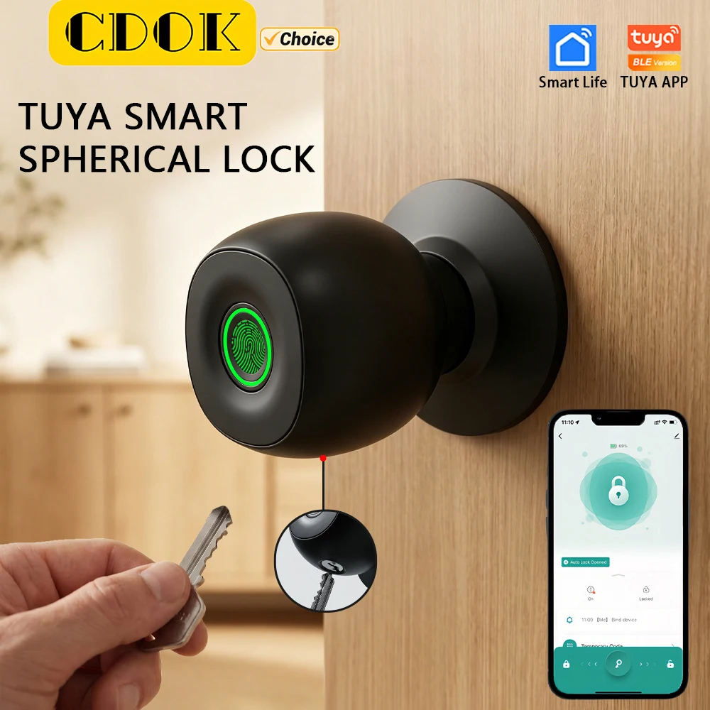 CDOK Q2 Smart Lock, Ball Lock, Bedroom Door Lock, Tuya Version, APP, Fingerprint, Key Unlocking, Optional Gateway