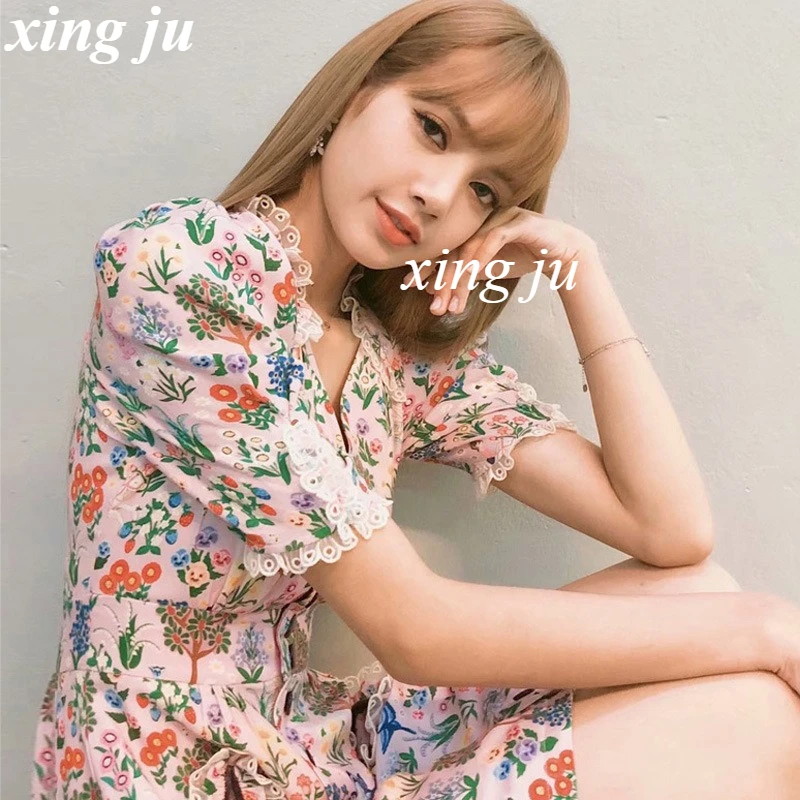 Kpop Korean Singer Women Jazz Dance Costume Birthday Party Sweet Lace Patchwork Floral Dress Festival Performance Stage Clothing