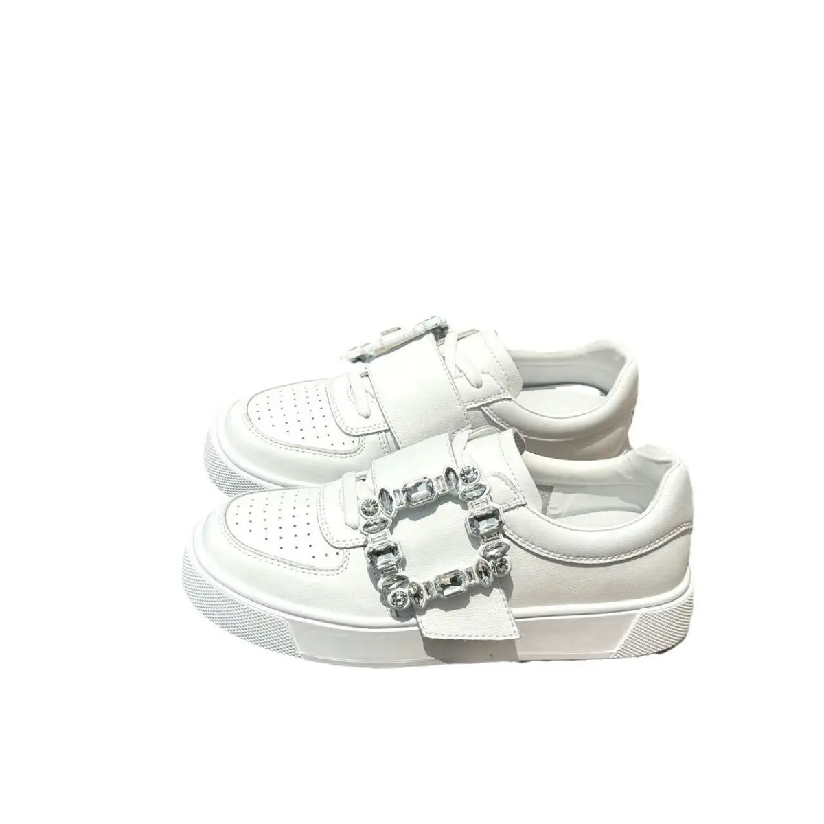 Bling Rhinestone Buckle Sneakers Women Genuine Leather White Flat Shoes Lace Up Chic Casual Footwear