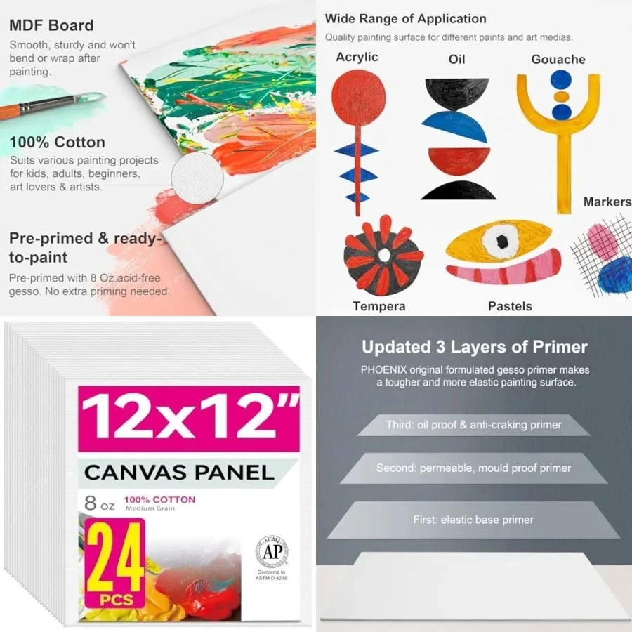 

Painting Canvas Panels 12x12 Inch, 24 Bulk Pack - 8 Oz Triple Primed 100% Cotton Acid Free Square Canvases for Painting, White Blank Flat Canvas Boards for Acrylic, Oil Paints