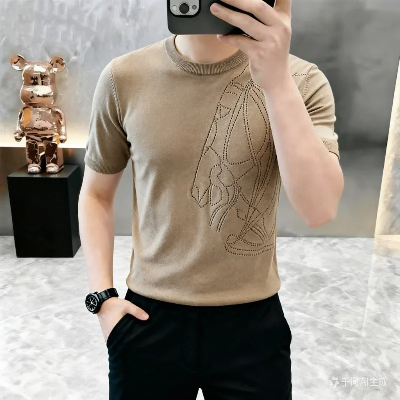 Summer Men's Short Sleeved T-shirt High-quality Knitted Round Neck Ice Silk Tshirts Jacquard Knitted Casual Business T-shirt