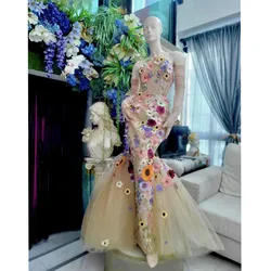 Beautiful Champagne Floral Mermaid Women Party Dresses Bloom Long Maxi Gowns To Party Bridal Dresses With Gloves