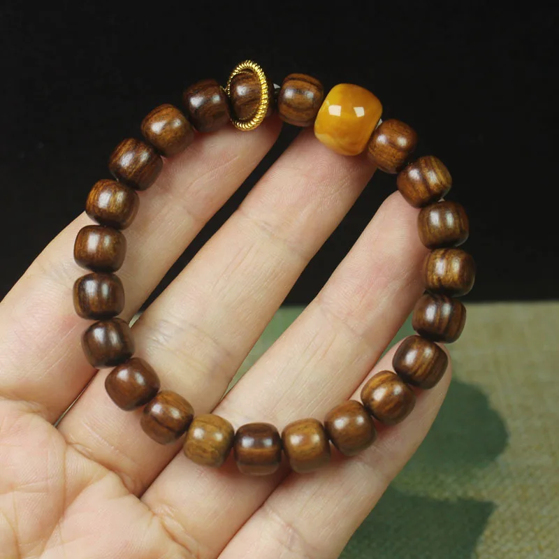 Chinese Style Black Rosewood 8mm Barrel Bead Bracelet With Golden Spinner Ring Lucky Blessing Unisex Feng Shui Good Luck Prayer