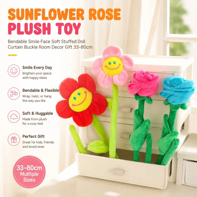 Sunflower Rose Plush Toy Bendable Smile Face Soft Stuffed Doll Curtain Buckle Room Decor Gift 33-80cm