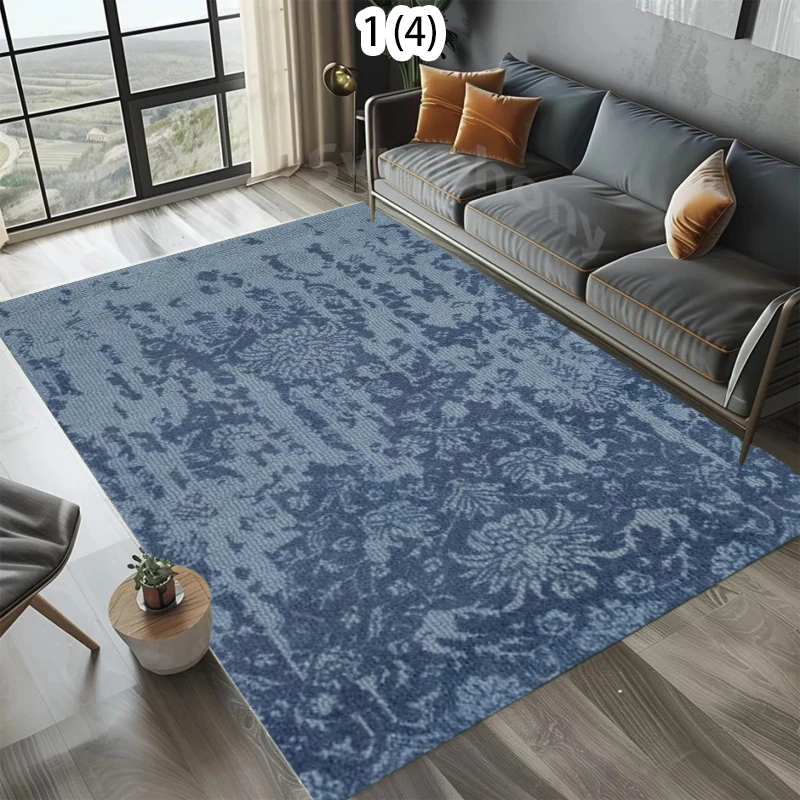 BOHO Blue Vintage Rug Soft Non-Slip Washable Area Carpet Minimalist Vintage Floral Floor Mat for Living Room Bedroom and Office