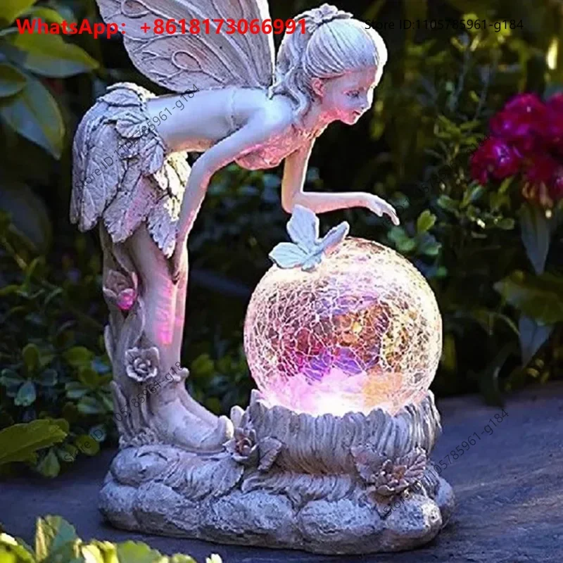 New Fairy Tale Flower Fairy Ornament Garden Crystal Ball Girl Statue Solar Light Decoration Resin Crafts