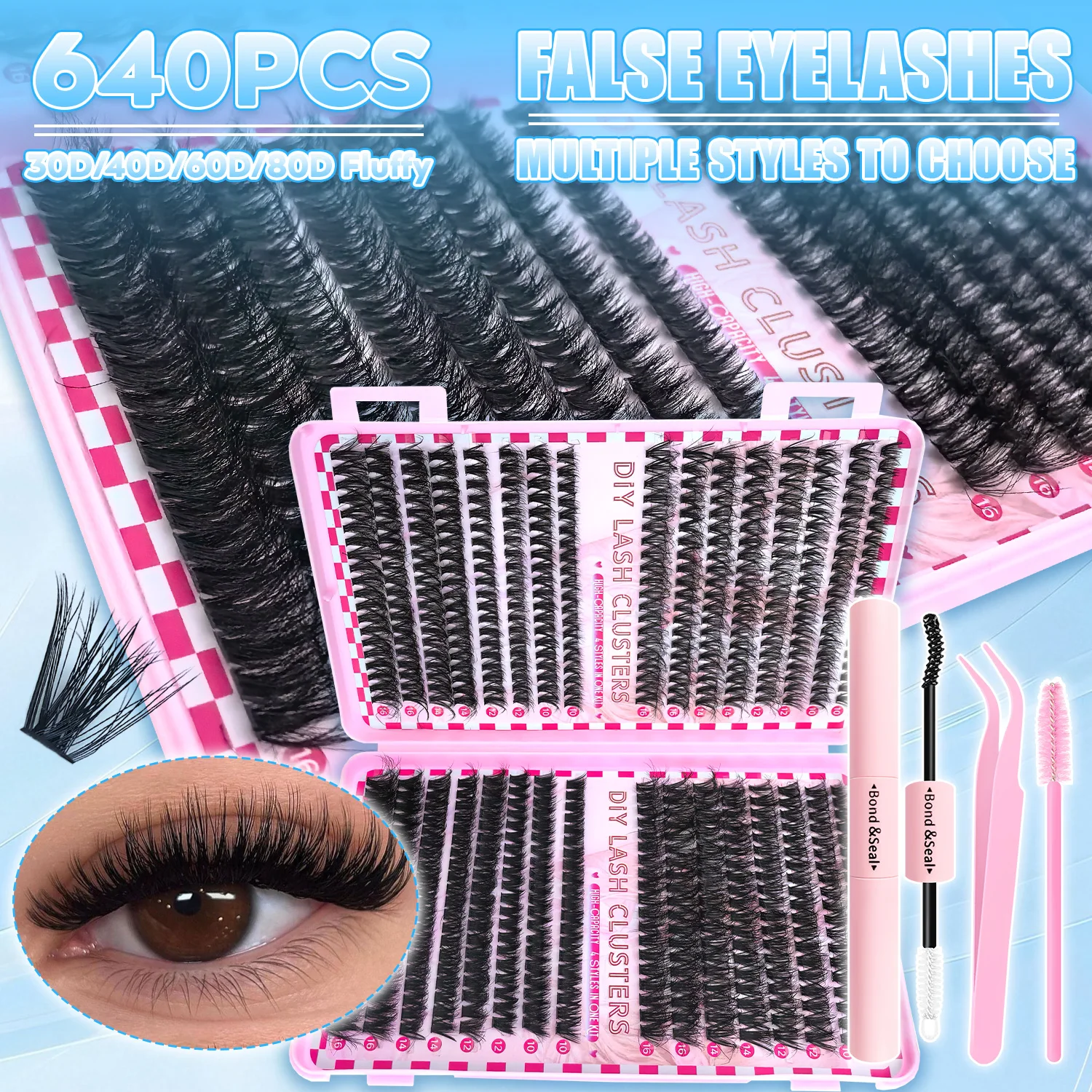 Kit de extensiones de pestañas DIY 3040506080D pestañas coloridas D rizo grupos de pestañas, 9-16mm mezclado, pestañas naturales esponjosas Extra gruesas