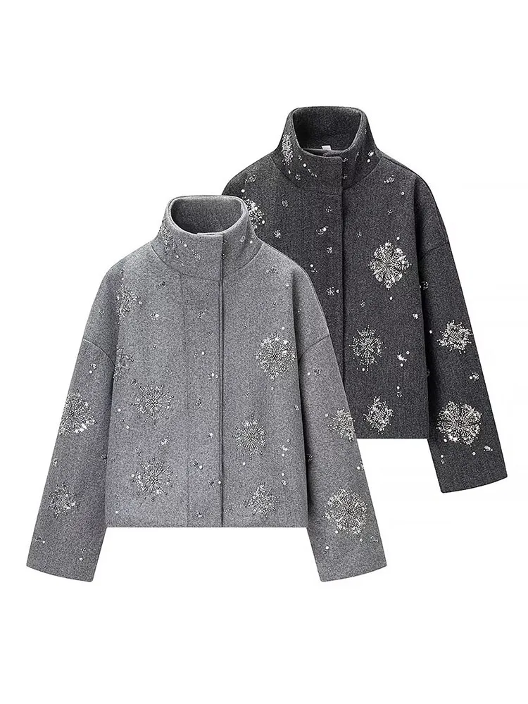 HH-Chaqueta de lana con lentejuelas estampadas y cuello levantado para mujer, abrigo informal de manga larga con cremallera, moda de invierno 2025