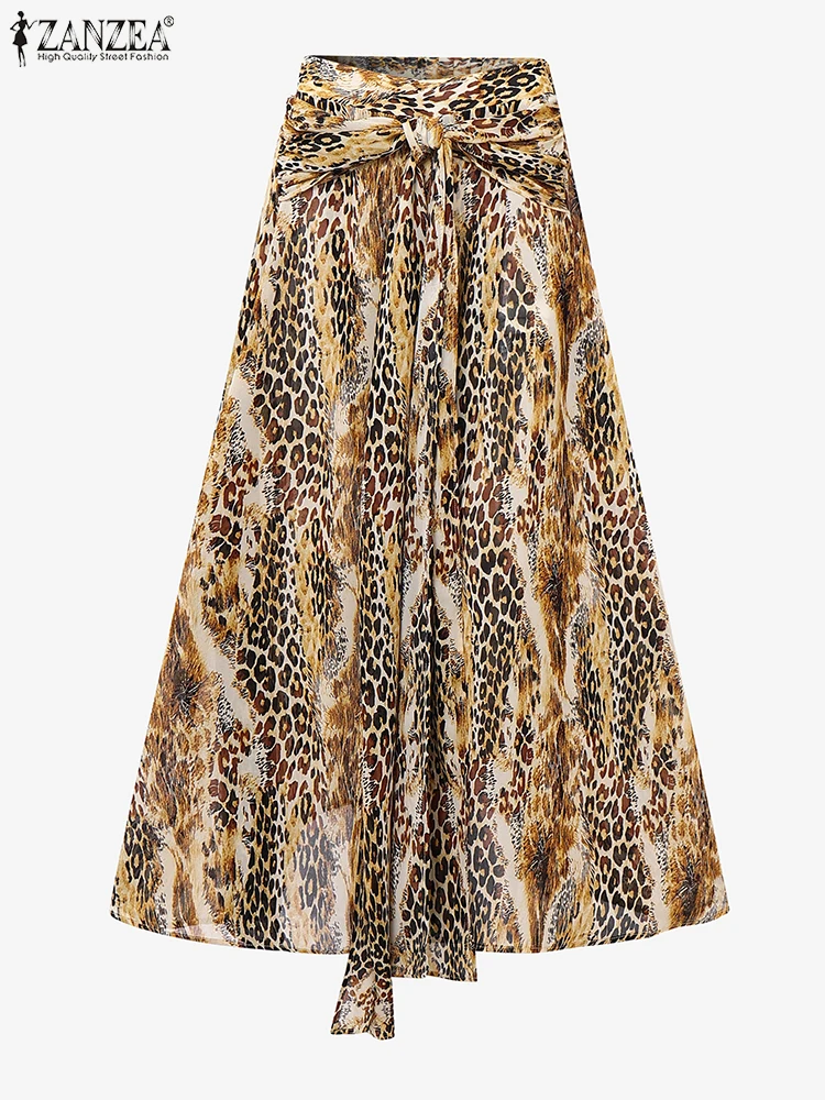 ZANZEA 2025 Women Autumn Leopard Print Long Skirts High Split Bohemian Beach Skirts Casual Elastic Waist Bandage Maxi Overskirts