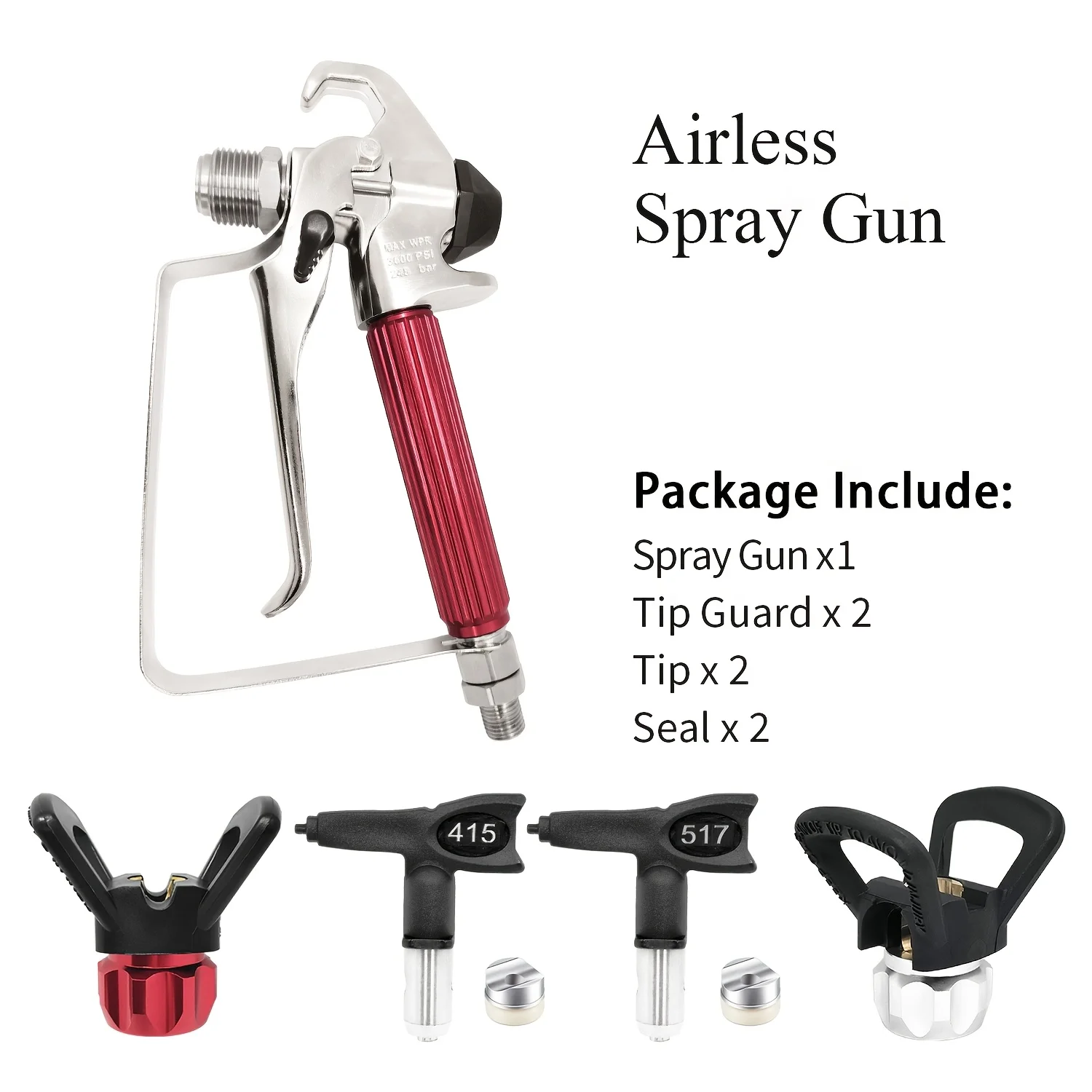 1 airless spray gun set with 517 and 415 nozzles, featuring a manually tightened nozzle protective cap for easy operation. Suita