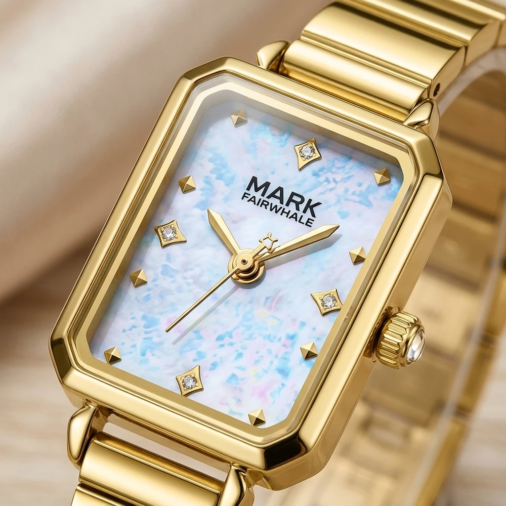 Fashion Female Quartz Watch MARK FAIRWHALE Square Dial Diamond Scale Leather Bracelet Ladies Wristwatch