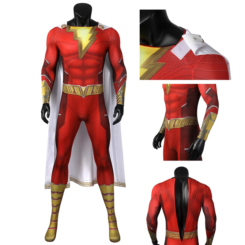 

High Quality Billy Batson Red Man With Cape Cosplay Jumpsuit 3D Printed Bodysuit Costume For Adults Halloween Carnival