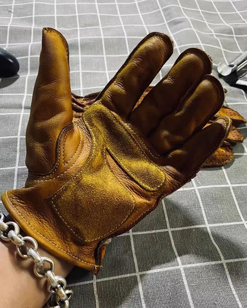 Handmade Summer Perforated Vintage Leather Gloves - Heavy Distressed White/Dark Brown, Full Finger Motorcycle & Driving Gloves