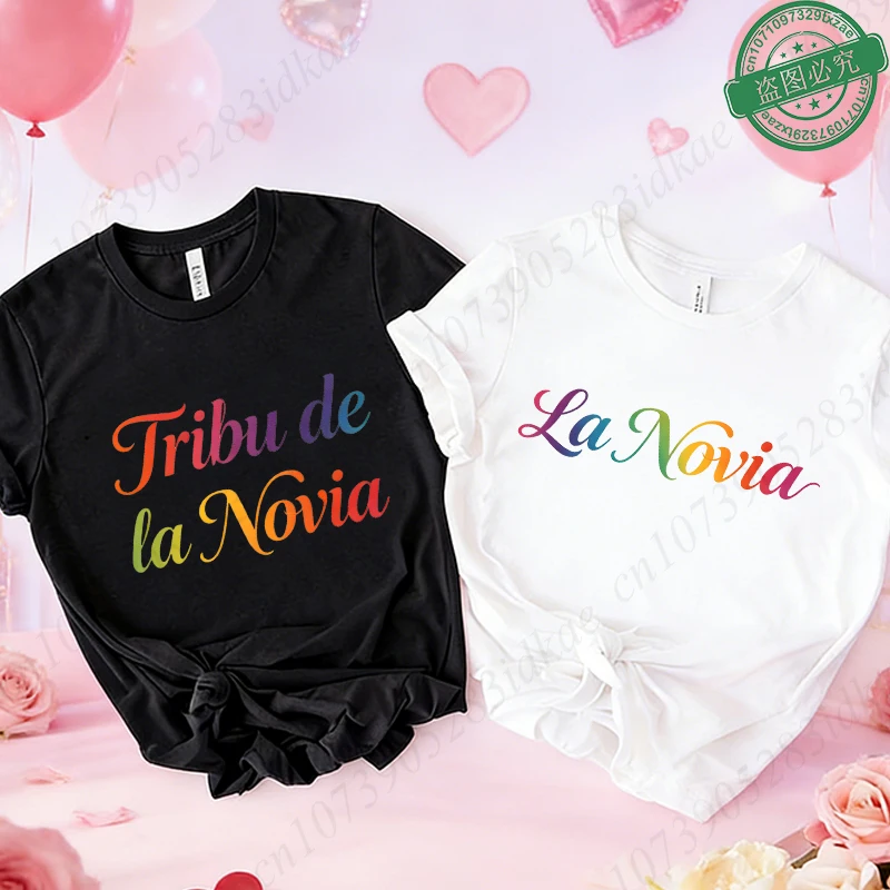 Spanish Bridal Wedding Squad T-Shirts, Team Bride Tribe Colorful Gradient Tops Short Sleeve Tees for Bachelorette Party Gift