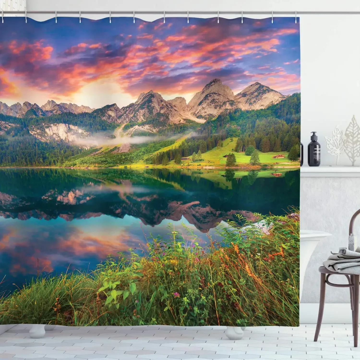 Mountains Landscape Shower Curtain Fall Flowers Trees Forest Sunset Scenery Waterproof Fabric Screen Bathroom Decor with Hooks
