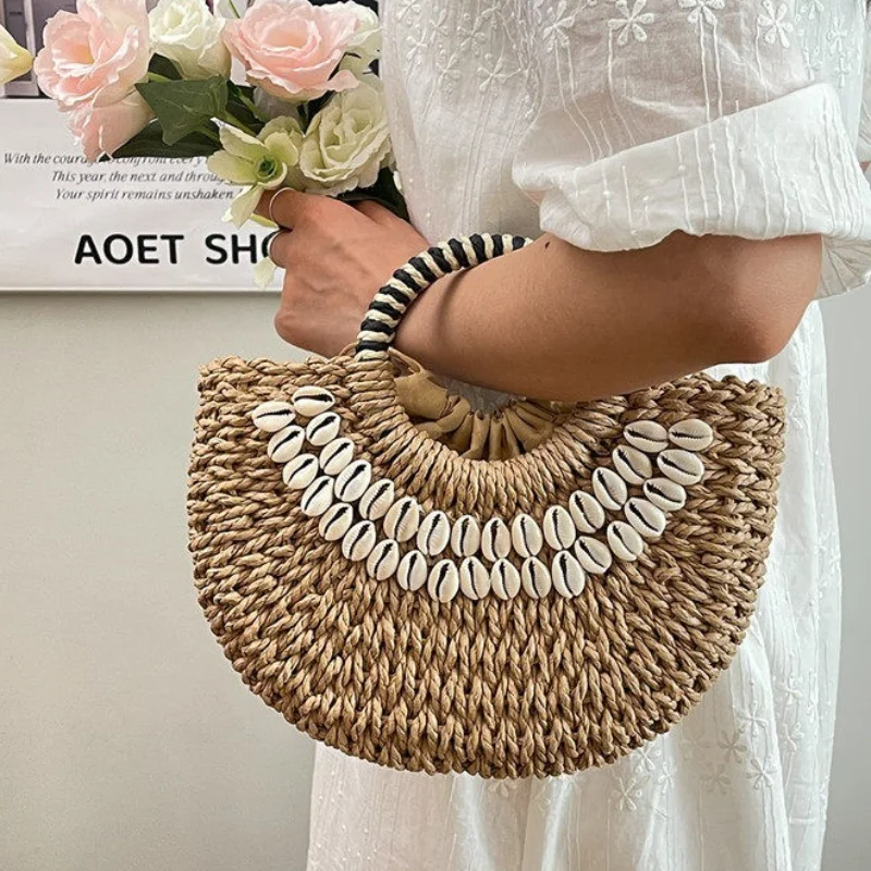 

Богемская соломенная сумка-полумесяц ручной работы для женщин, летняя пляжная сумка через плечо, повседневный клатч с ракушками