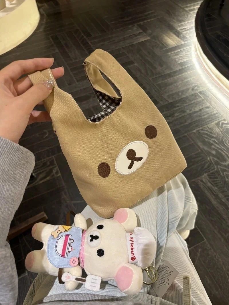 Rilakkuma Bear Canvas Wrist Bag Handheld Small Capacity Bag For Daily Phone Storage Cute Cartoon Gift For Women Girls