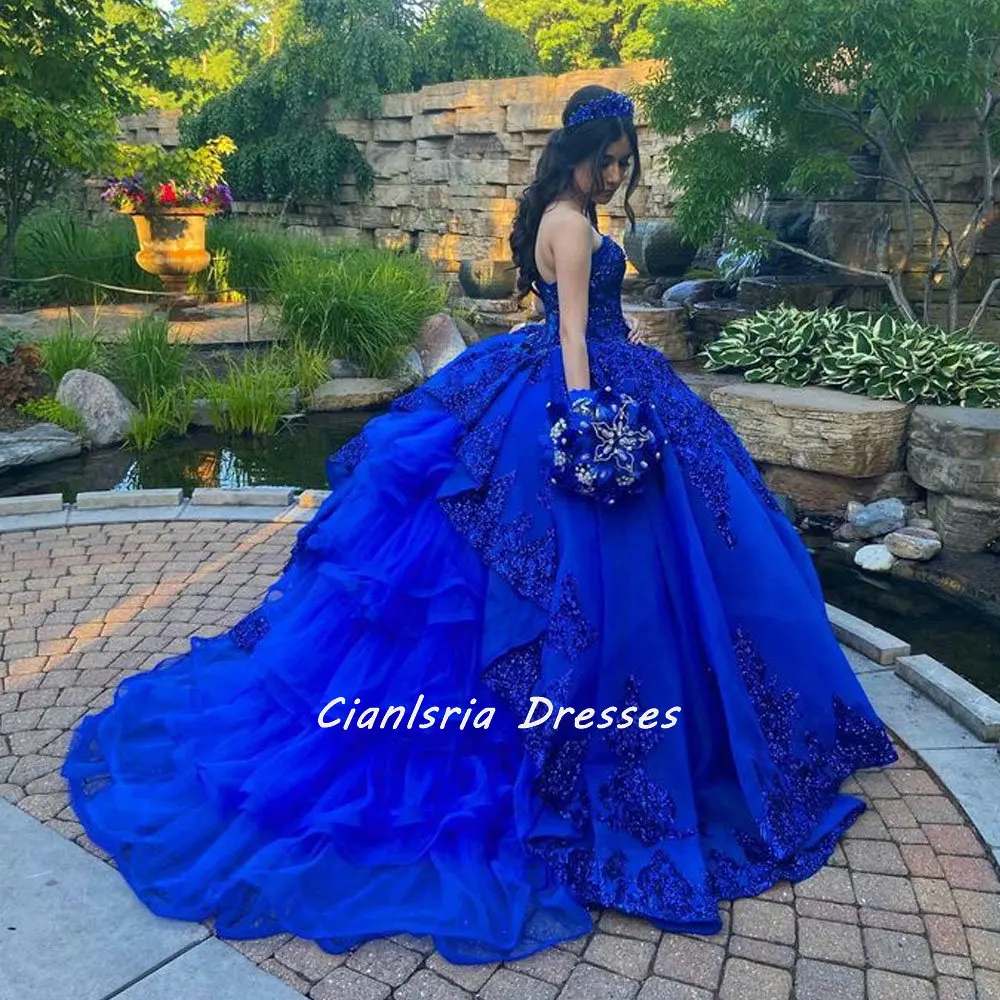 Azul real querida babados mexicano quinceanera vestido de baile sem mangas apliques lantejoulas corset vestidos de xv anos