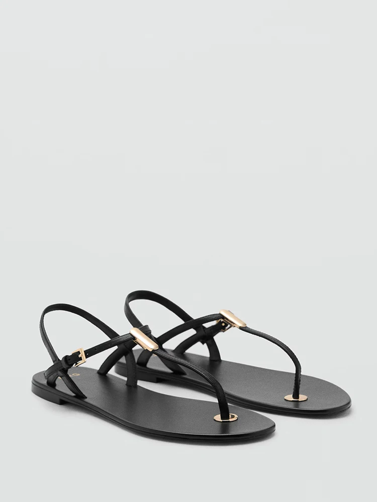 

Mango Ladies Flat Sandals Metal Decorated Roman Style Beach Shoes Spring Summer Fashion Low Cut Slip-On Comfortable Rubber Sole