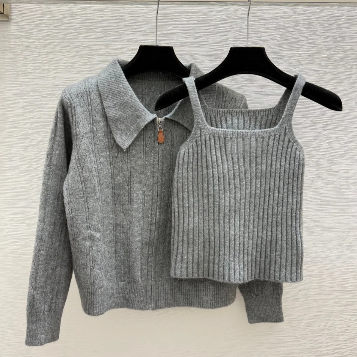 2026 Hollow Cable Knit 2 Piece Outfit Wool Cashmere Zip Sweater And Camisole