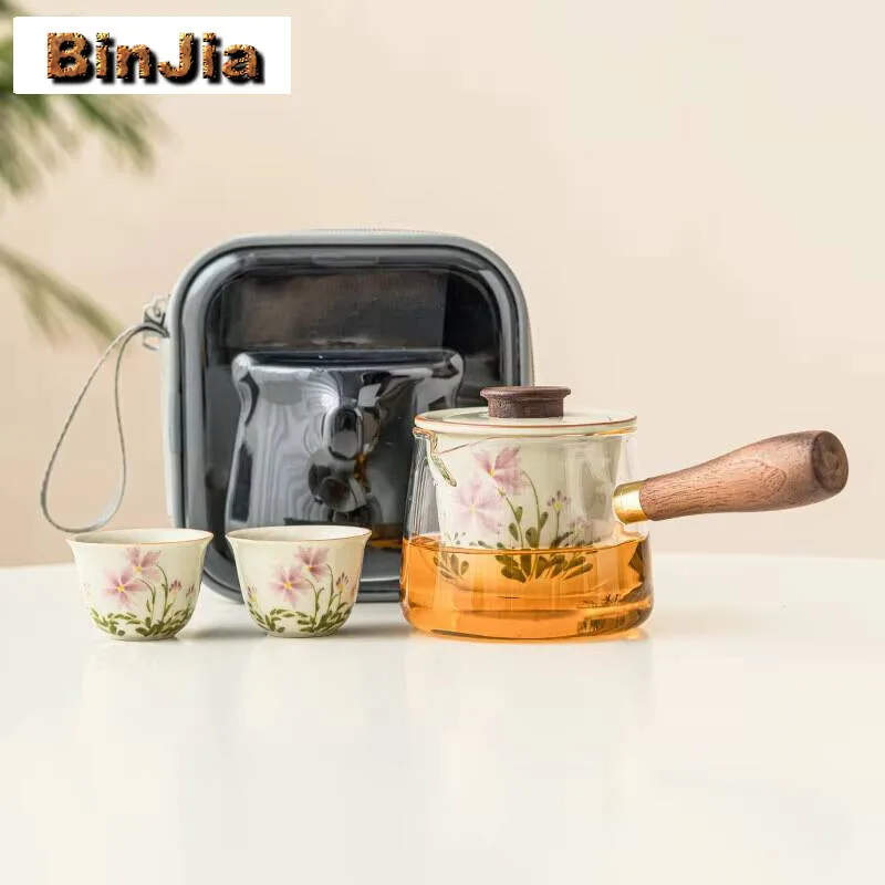 

Handpainted Small Daisy Travel Tea Set Household Glass Side Handled Teapot 1 Pot 2 Cups Maker Portable Decoration