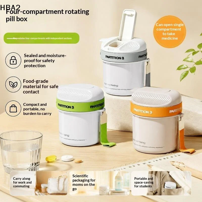 【H】4 Grids Rotating Partition Portable Pill Box with Lanyard, Large Capacity Privacy Case for Outdoor Business Trip Daily