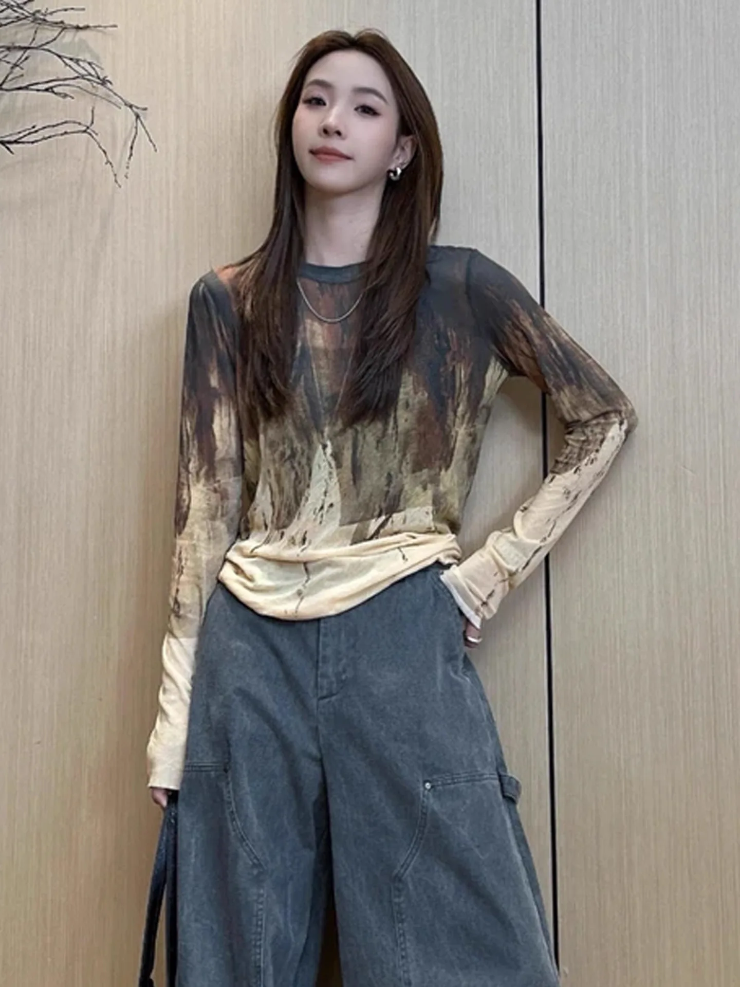 Women Round Neck Long Sleeve Mesh Top Abstract Vintage Oil Painting Print Slim Fit Sheer Casual Long Sleeve Shirt