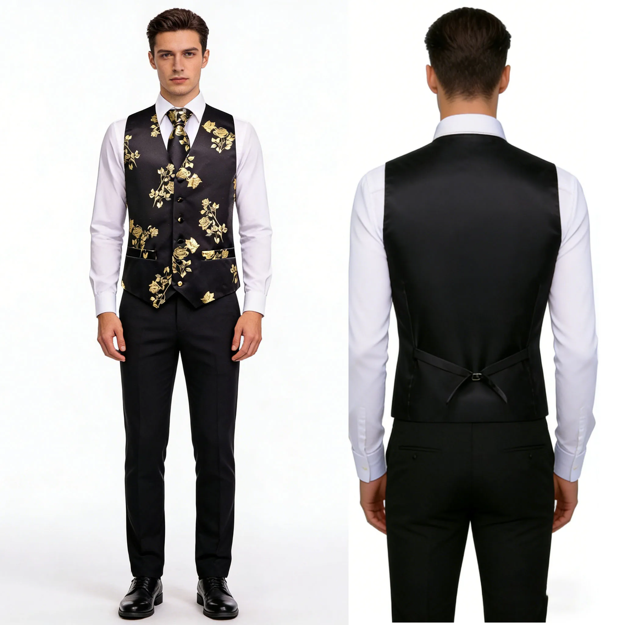 

Mens Suit Waistcoat Luxury Black Golden Rose Pattern Vest Set for Men – Perfect Weddings Proms Formal Events