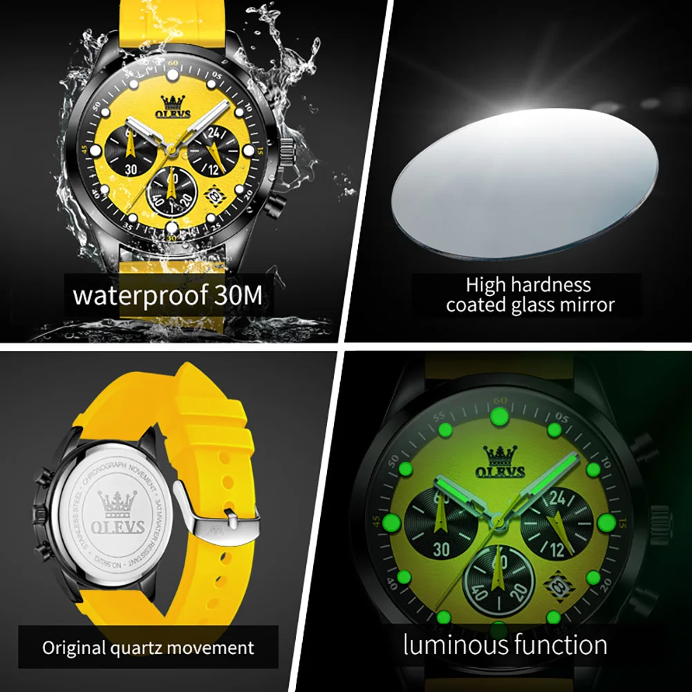 Olevs Topmerk Originele Mode Heren Horloges Multifunctionele Siliconen Plakband Quartz Horloge Lichtgevende Kalender Polshorloge