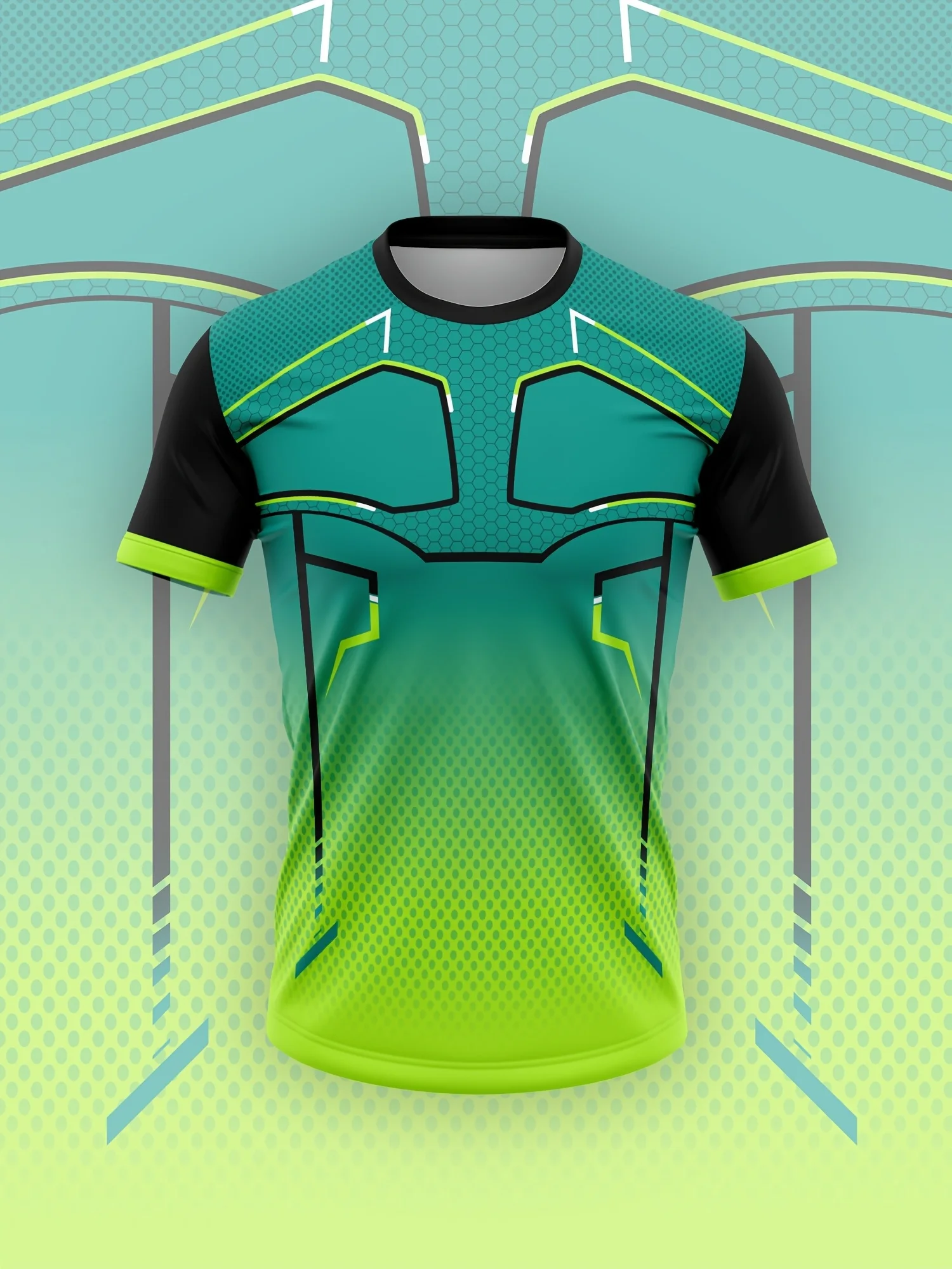 Teal Lime Gradient Geometric Mesh Sport Tee Black Sleeve Neon Trim Quick Dry Training Top