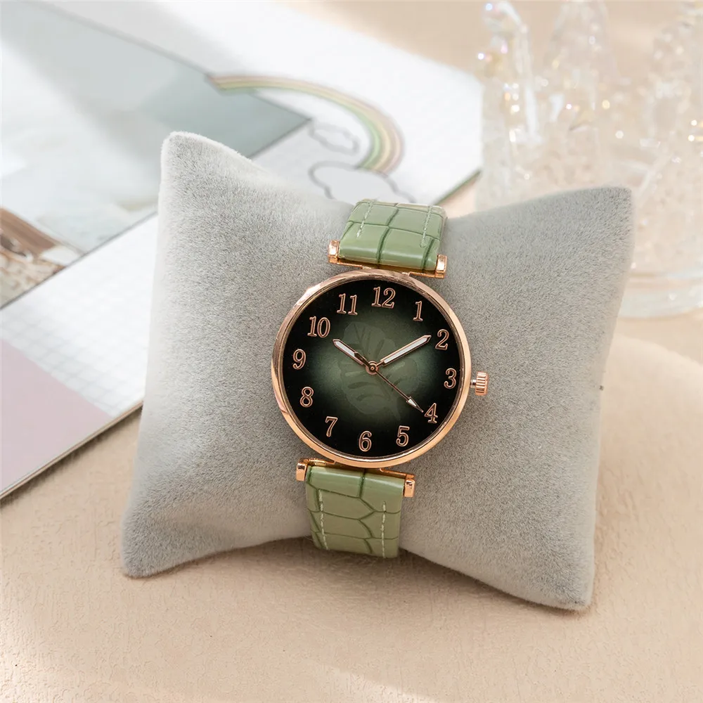 Simple Green Leaves Digital Style 2023New Women Branded Quartz Watch Casual Leather Strap Ladies Clock Dress Watches