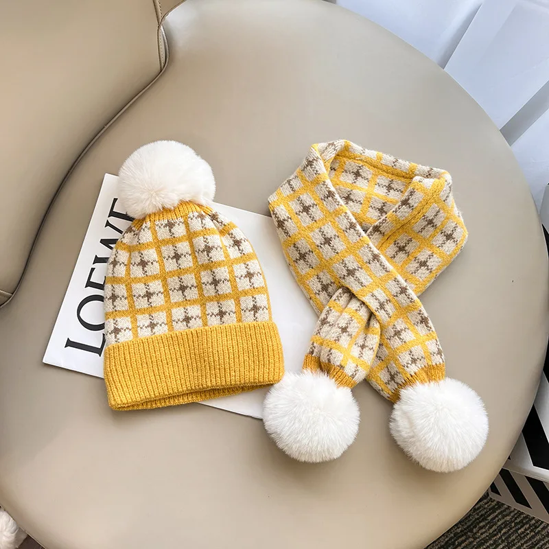 Winter Warm Plaid Pompom Baby Hat and Scarf Sets Kids Thick Soft Knitted Neckerchief Accessories Children Beanie Boys and Girls