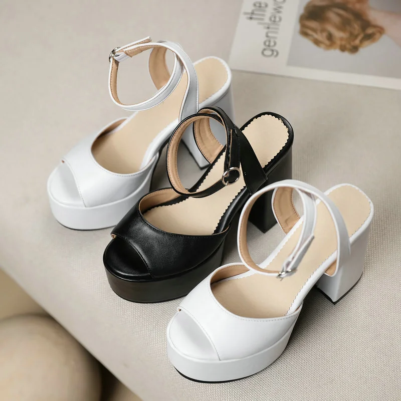 Black White Summer Women High Heel Shoes Platform Square High Heel Ladies Sandals PU Leather Open Toe Buckle Dress Women\'s Shoes