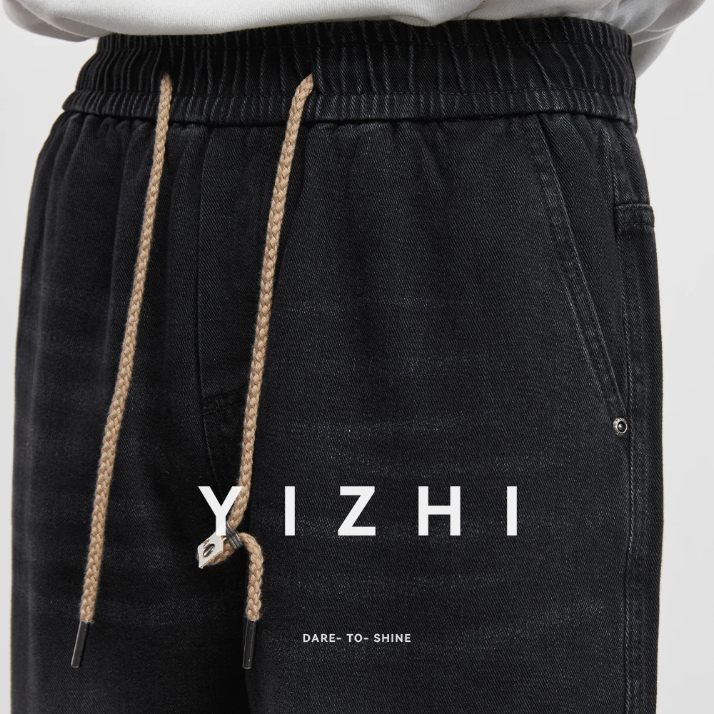 2025 Spring and Autumn New Men's Tight Waist Black Jeans Fashion Retro Drawstring High Street Casual Mopping Pants Men's Jeans