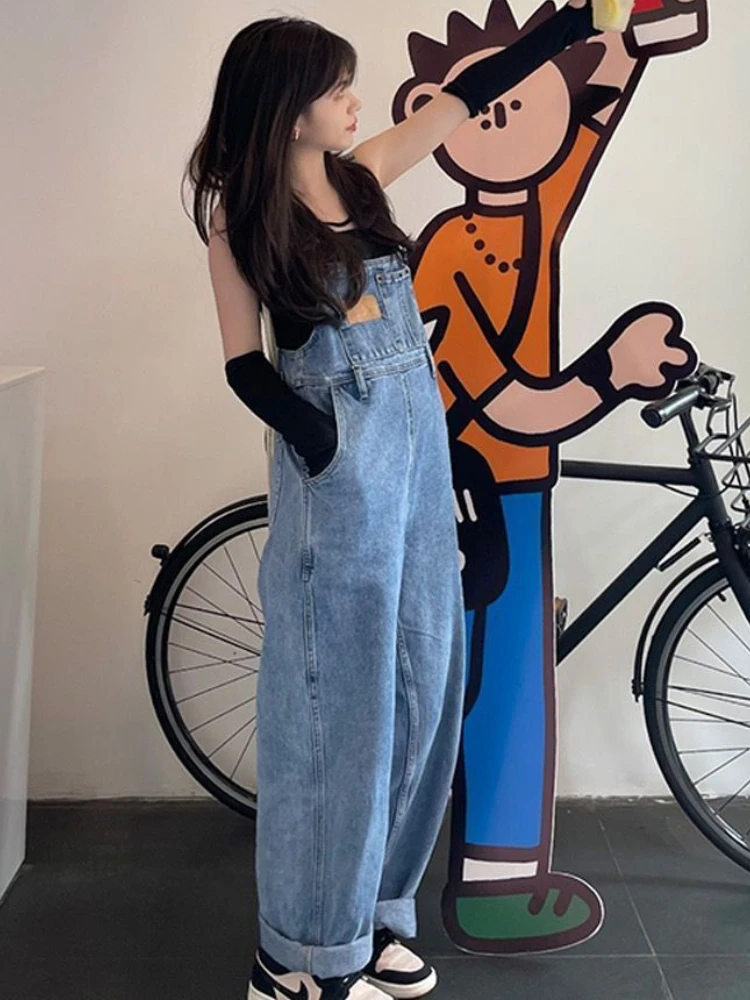 Women Jumpsuits Denim Trousers High Waisted Baggy Wide Leg Overalls American Street Teens Hip Hop College All-match Vintage Cool